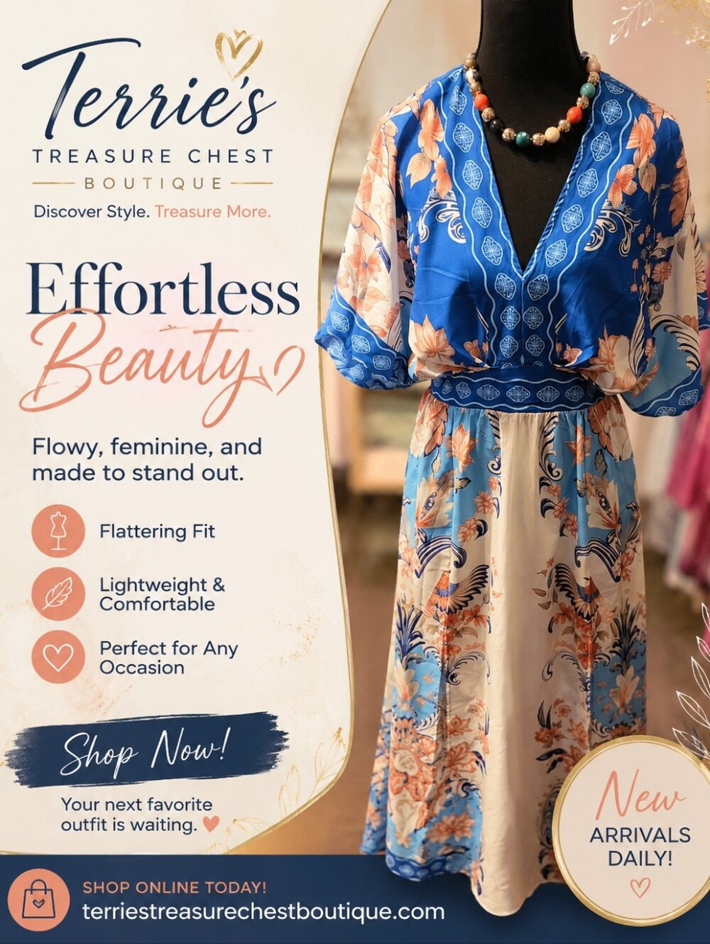 Terrie's Treasure Chest Blue Floral Waist-Defined Dress